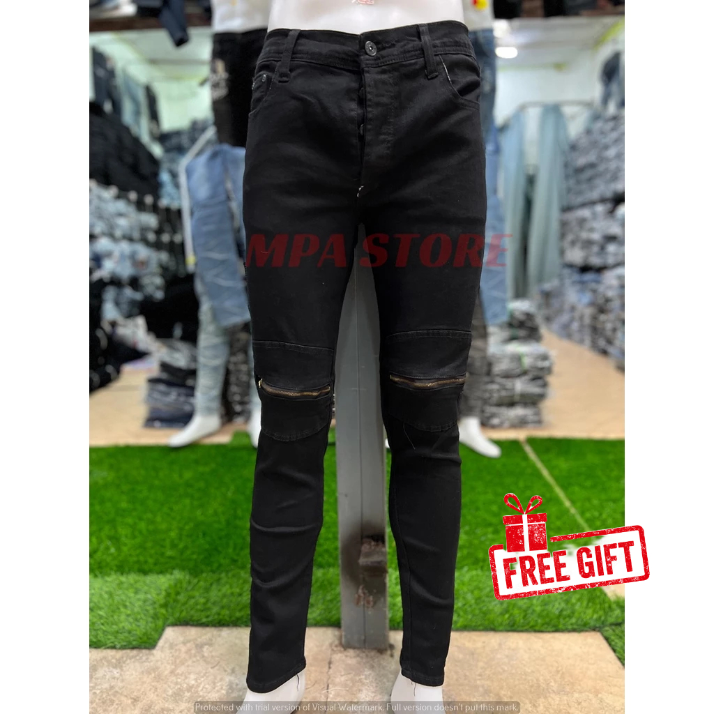 Seluar Jeans Skinny Koyak BB Zip Superblack Stretch / Jeans Kain Getah / Ripped Jeans