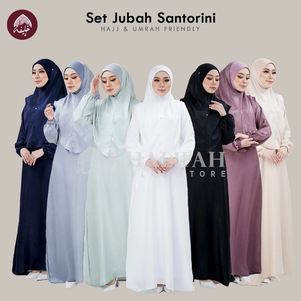 SET JUBAH SANTORINI วัสดุไหมกํามะหยี่โพลีสเตอร์สําหรับ umrah hajj