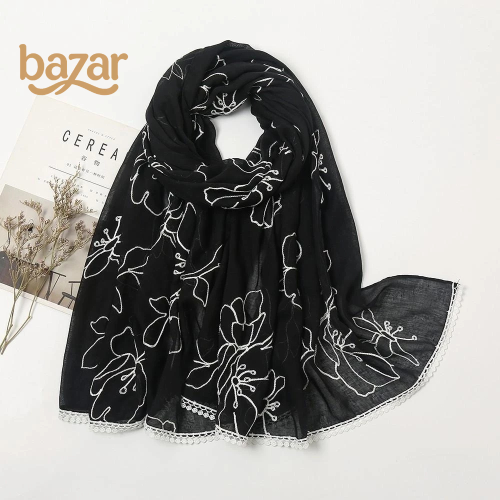 BAZAR พู่ดอกไม้พิมพ์ผ้าพันคอฮิญาบสําหรับผู้หญิงผ้าฝ้ายนุ่มผ้าคลุมไหล่ดอกไม้เย็บปักถักร้อยผ้าคลุมไหล่