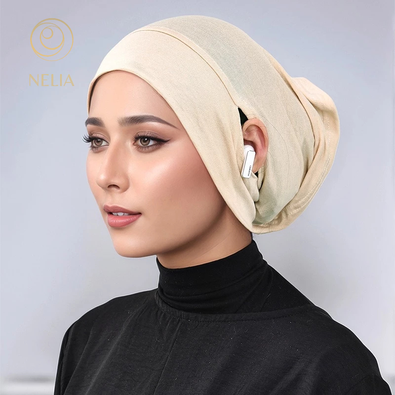 Nelia หูหลุมด้านใน Hijab ยืดหยุ่นปรับผ้าฝ้ายนุ่ม Modal Hijab มุสลิม Instant Hijab ผู้หญิง Hijab Unde