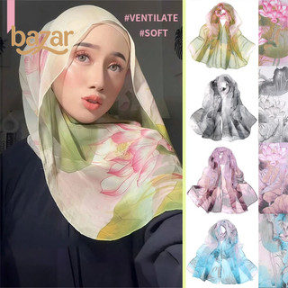 BAZAR Tudung Printed Chiffon Scarf Women Lotus Flower Shawl Leaf Floral Georgette Muslim Hijab 160x50cm