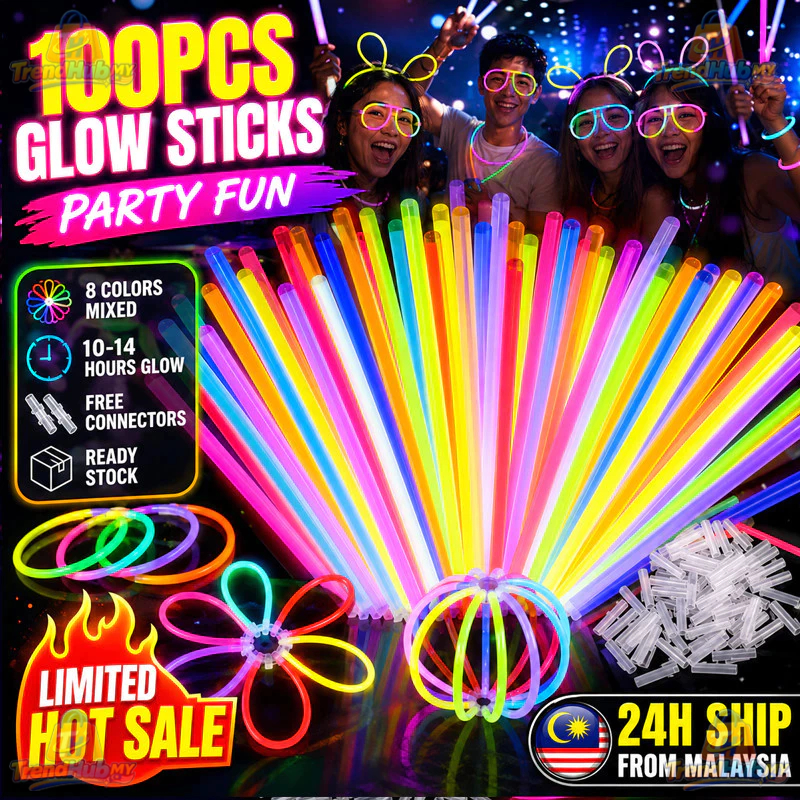 24H100PCS Neon Glow Sticks 8 สีผสมตัวเชื่อมต่อ DIY สร้อยข้อมือแว่นตาแถบคาดศีรษะ Party Concert