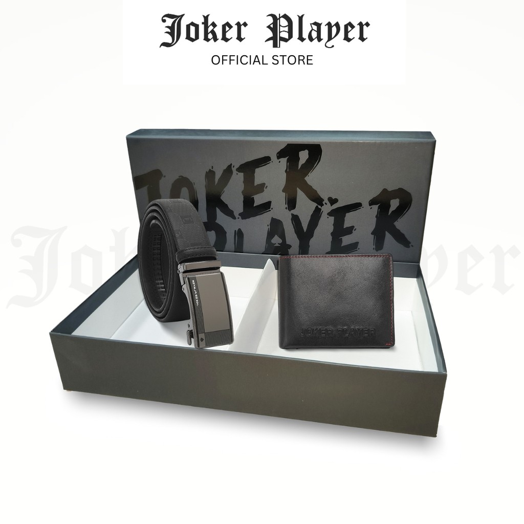 Joker Player Men RFID Bifold Wallet และชุดเข็มขัดอัตโนมัติ 35 มม. - สีดํา JGS 101-4