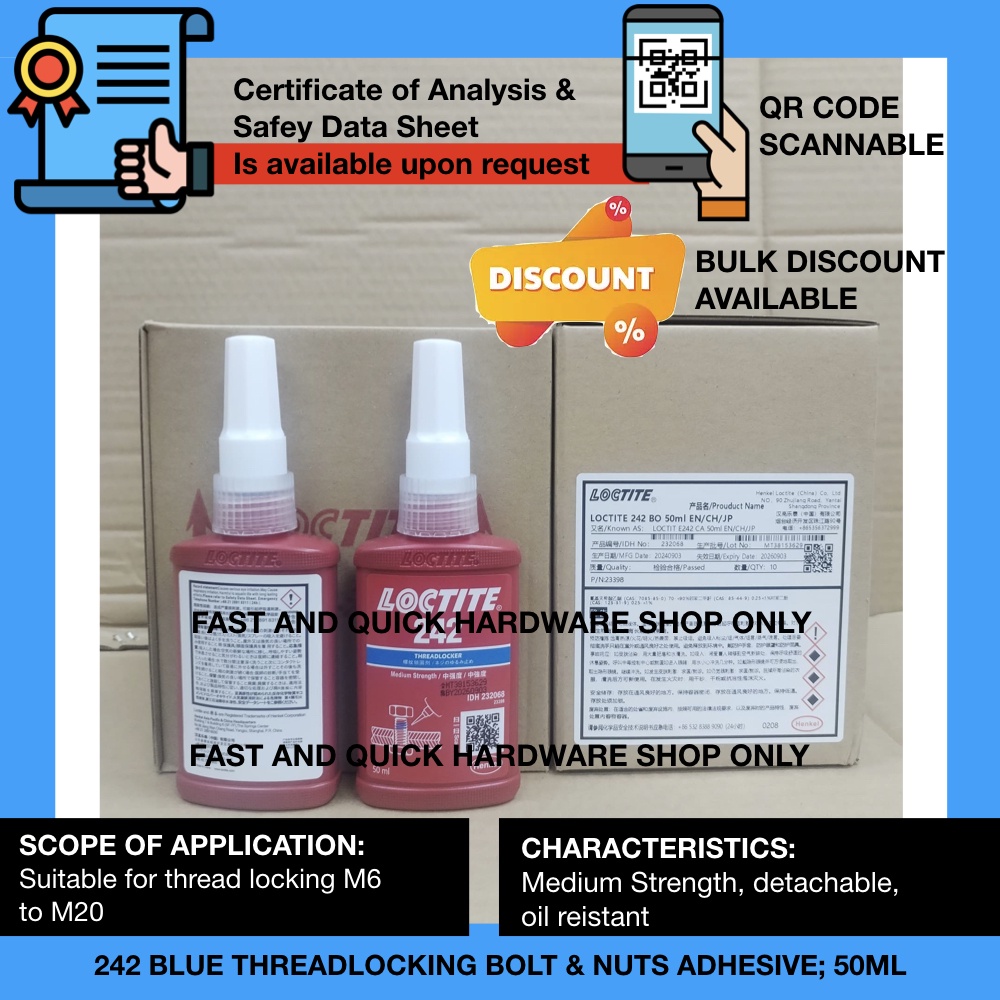 สําหรับตลาด ASIA 50ml 242 BLUE Bolt Nut Thread Sealant สกรูกาวกาวล็อค Loctite เกียร์ fnq mesin gym d