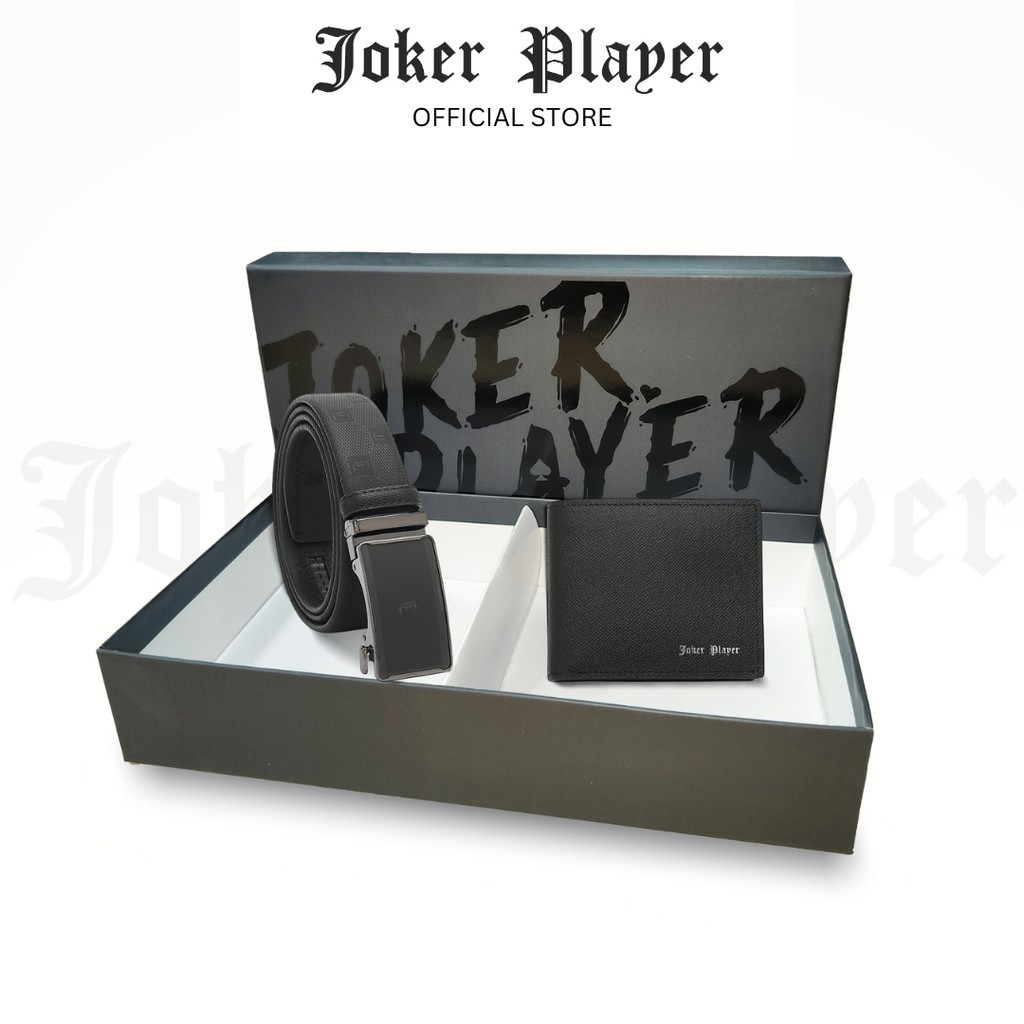 Joker Player Men RFID Bifold Wallet และชุดเข็มขัดอัตโนมัติ 35 มม. - สีดํา JGS 101-6