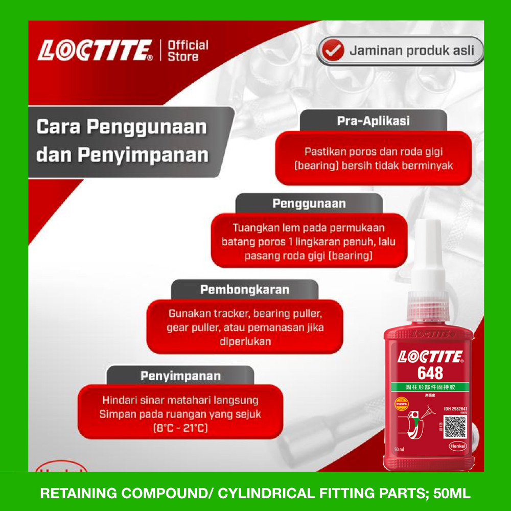 DIAMETRICAL CLEARANCE 0.15mm Loctite 648 50ml RETAIN COMPOUND BEARING WHEEL AXLE SHAFT TURN SKPRO DA