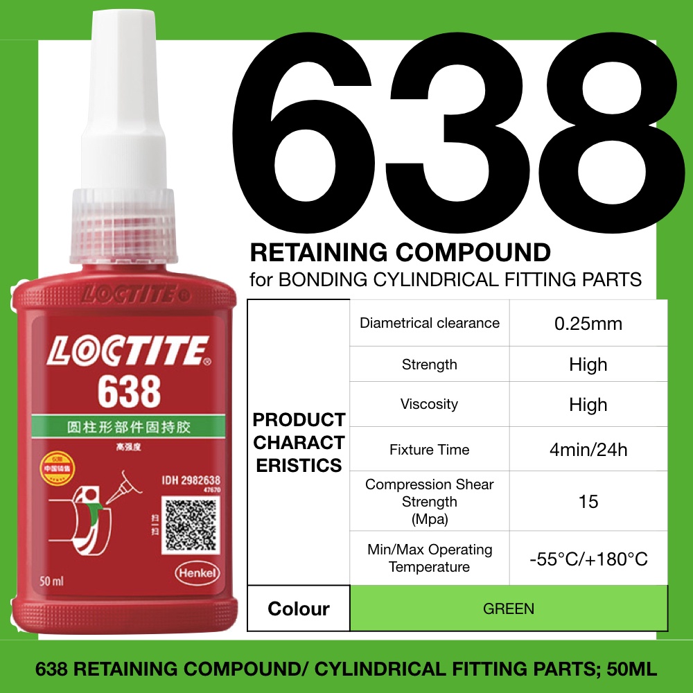 50ml 638 สีเขียว 25min bore time 0.1 มม. GAP Retainin Compound Part เพลาแบริ่งเข็มขัดแกนเกียร์ threadlocker locte กาว