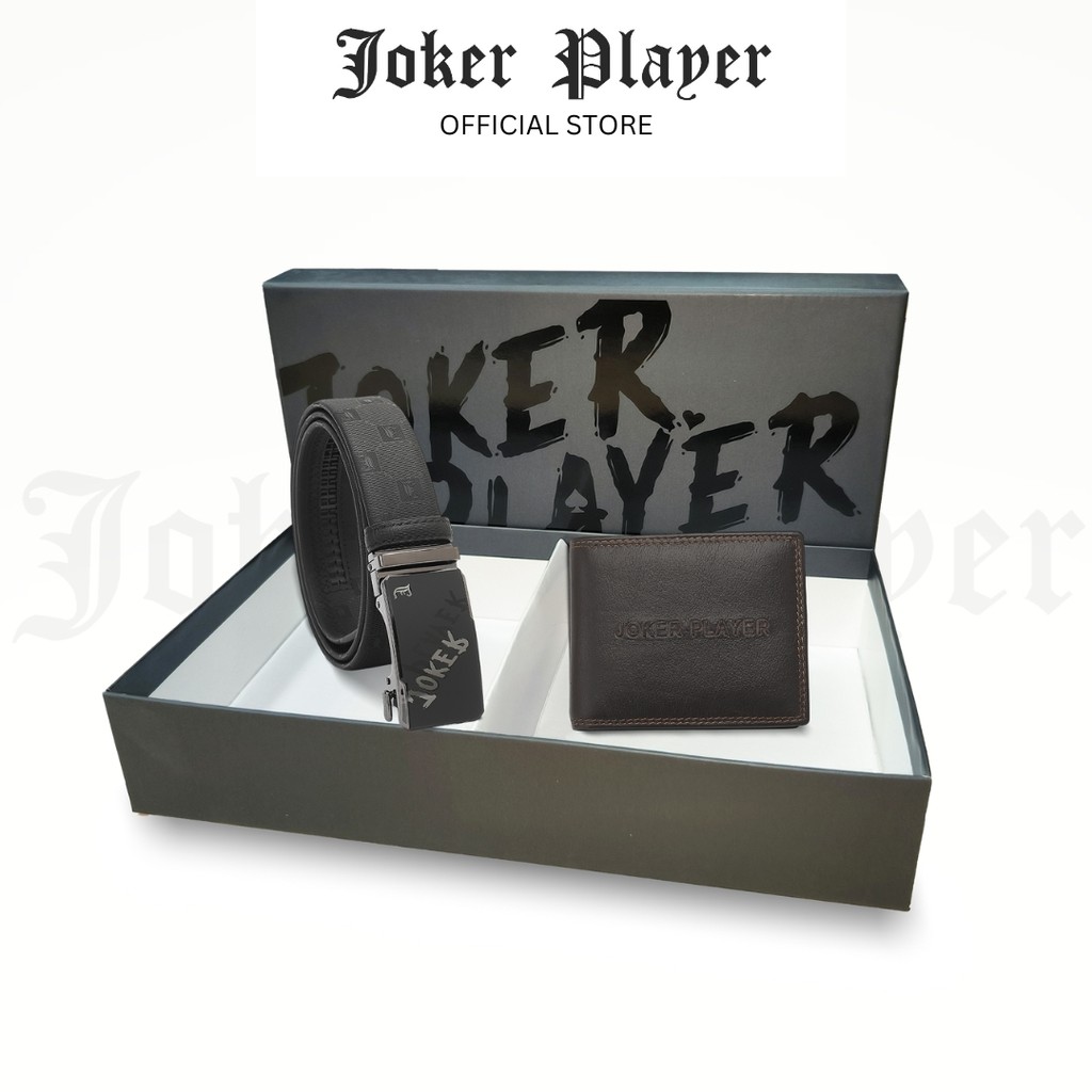 Joker Player Men RFID Bifold Wallet และชุดเข็มขัดอัตโนมัติ 35 มม. - สีดํา JGS 101-12