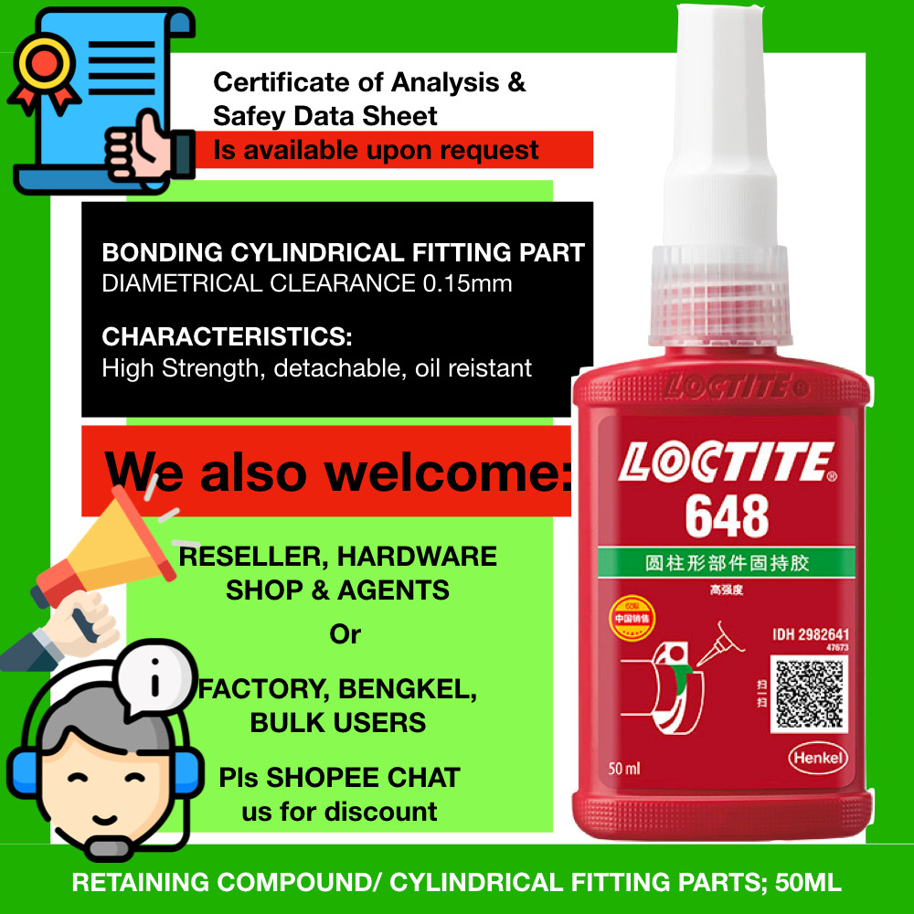 Min Max Temp -55/+180oC Loctite 648 50ml RETAIN COMPOUND BOND เพลาเกียร์รอก BOND METAL ENGINE AUTO B