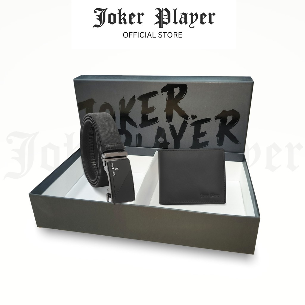 Joker Player Men RFID Bifold Wallet และชุดเข็มขัดอัตโนมัติ 35 มม. - สีดํา JGS 101-11