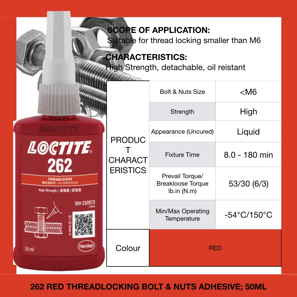 262 เกลียวล็อคซีล Anti Slip Loosen สกรู Bolt Nut Fasten กาวกาวโลหะผสมโลหะเกลียวล็อค Loctite fnq