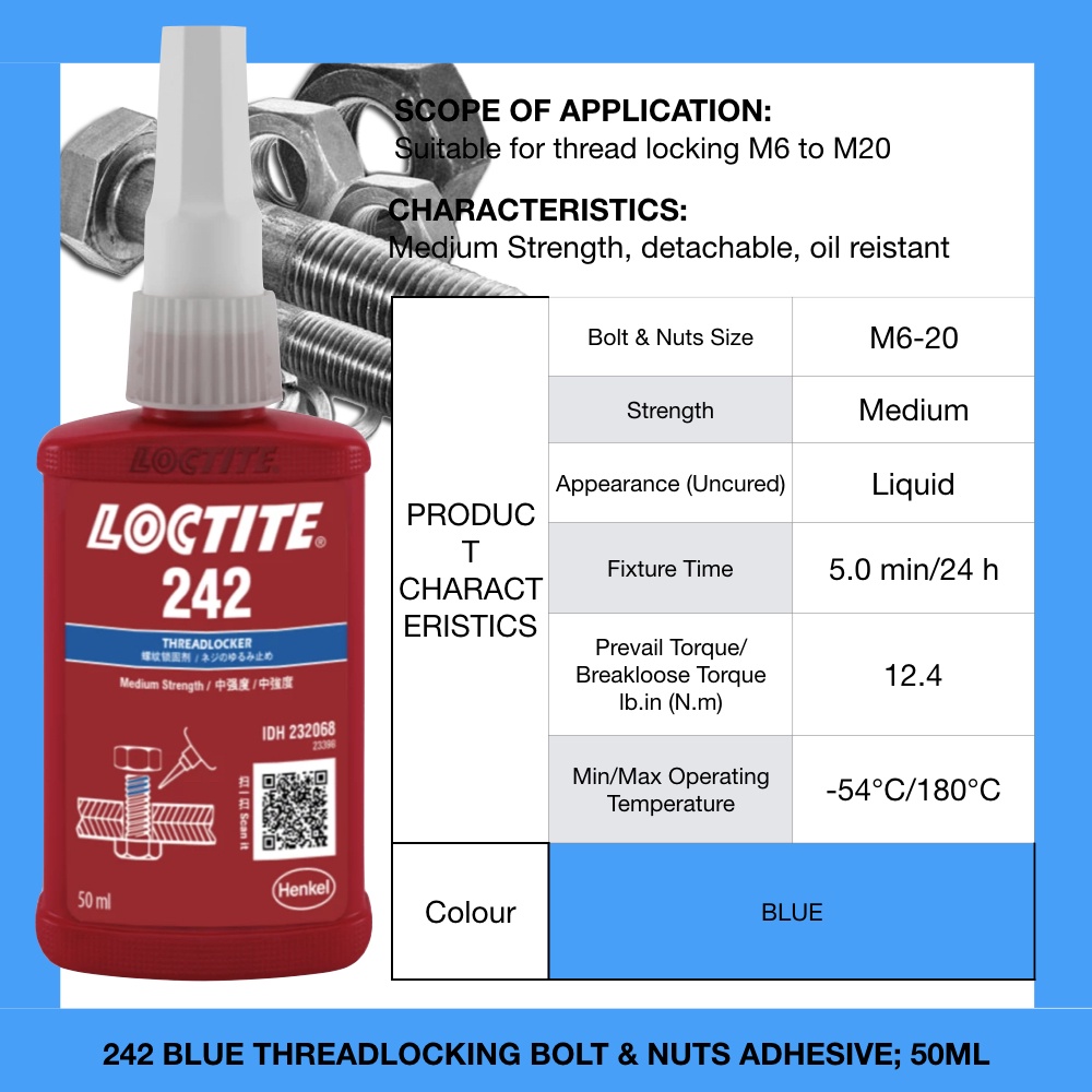 242 เกลียวล็อค Sealant Anti Slip Loosen สกรู Bolt Nut Fasten กาวกาวโลหะผสมโลหะเกลียวล็อค Loctite fnq
