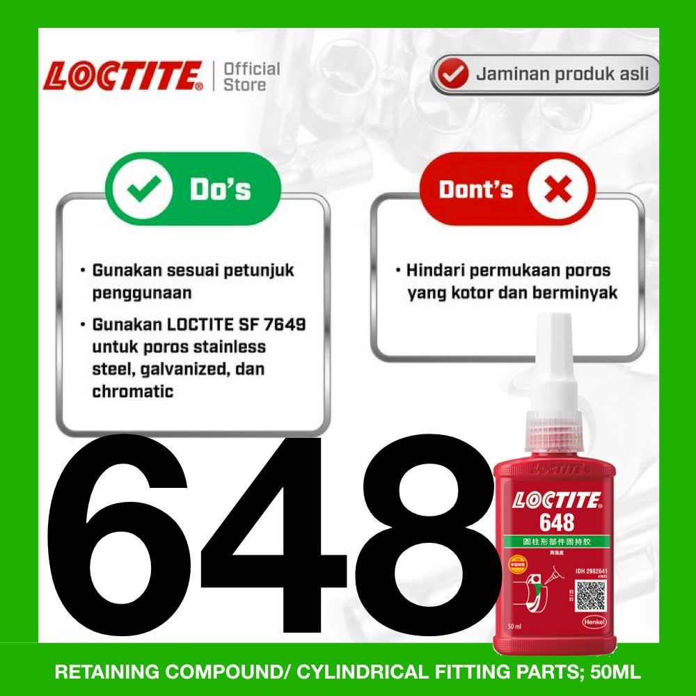 RESLER/DEALER 50ML Loctite 648 RETAINING COMPOUND STEEL BALL WHEEL AXLE GEAR BELT ENGINE BEARING SHA