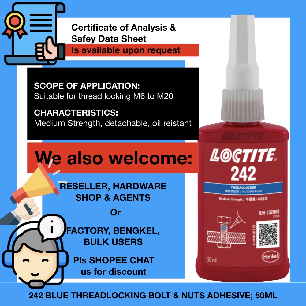 BULK DEALER/AGENT 50ml 242 BLUE Bolt Nut เกลียวซีลสกรูกาว Locker Loctite fnq โลหะ diy ri