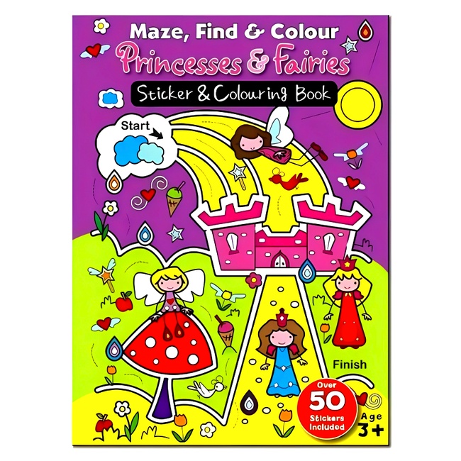 (BX) MAZE FIND & COLOUR PRINCESS & FAIRIES STICKER & COLOURING BOOK