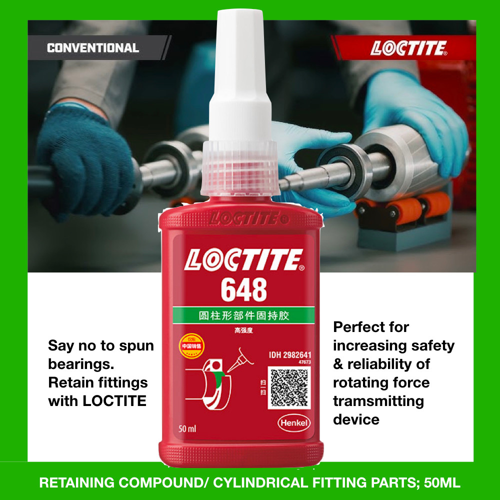 FULL SERIES Loctite 648 50ml CYLINDRICAL FITING เซรามิค PULLEY GEAR BOND โลหะแบริ่งเพลา AXLE MESIN