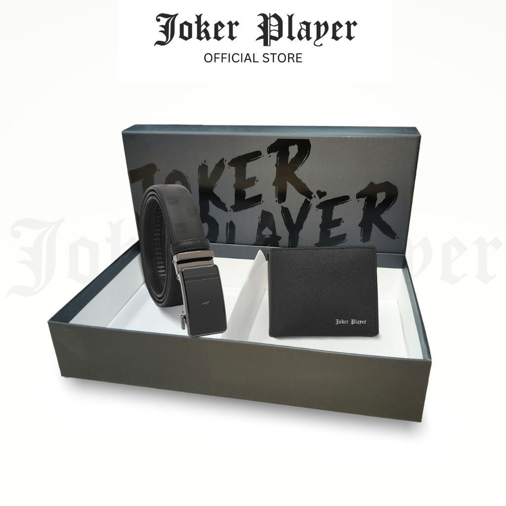 Joker Player Men RFID Bifold Wallet และชุดเข็มขัดอัตโนมัติ 35 มม. - สีดํา JGS 101-9
