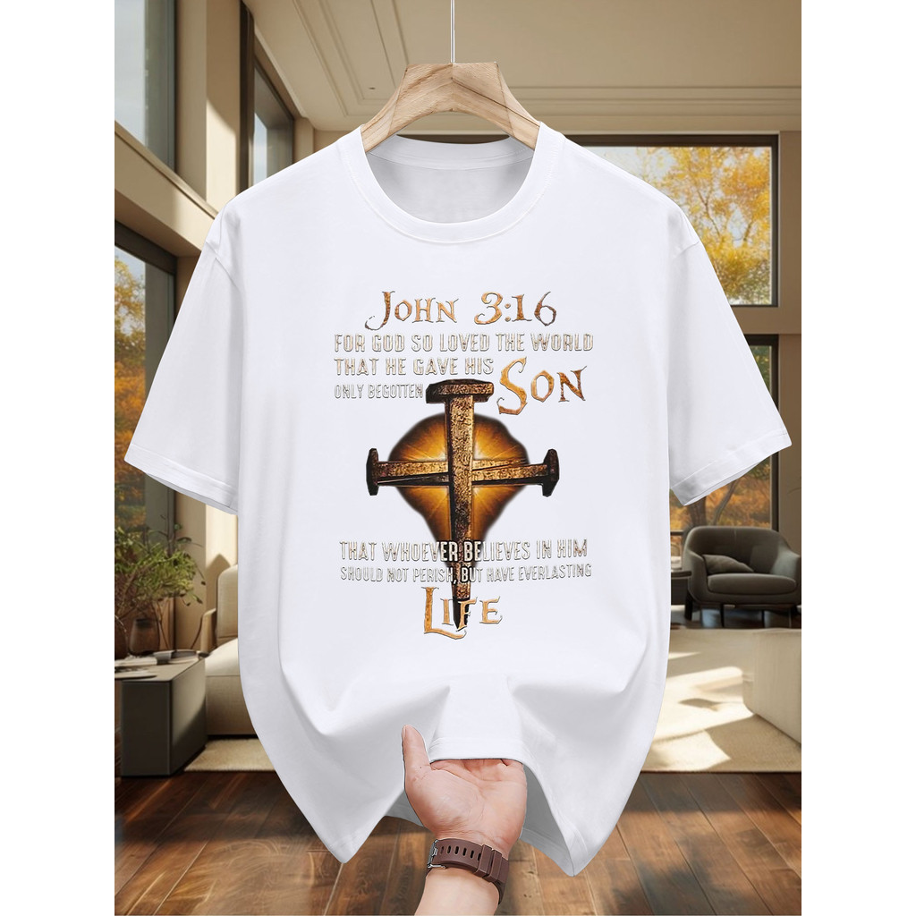 Niuwang Selection เสื้อยืดแขนสั้นผู้ชายสีขาว Casual Graphic Tee พร้อม John 3:16 Bible Verse & Cross 