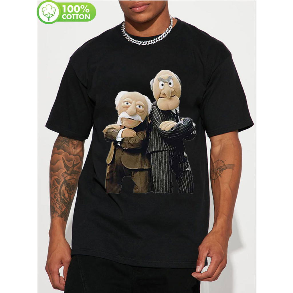 เสื้อยืดคอกลมผู้ชาย Black Statler และ Waldorf พิมพ์ชุดลําลอง
