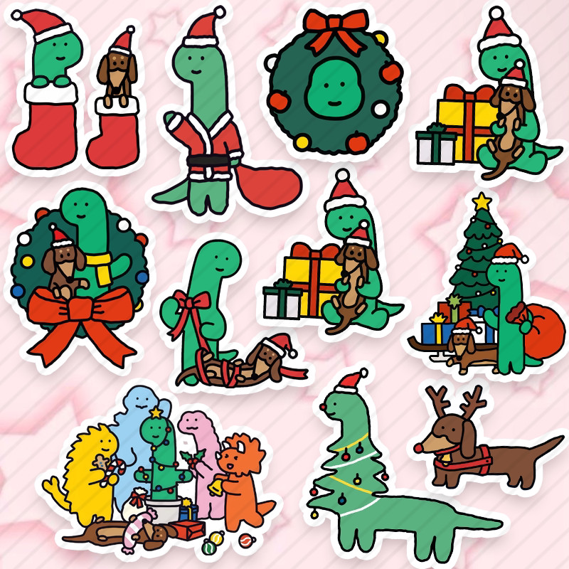 Joguman เกาหลีน่ารักไดโนเสาร์สีเขียว & Dachshund คริสต์มาสสติกเกอร์กันน้ําสําหรับแล็ปท็อปและโทรศัพท์