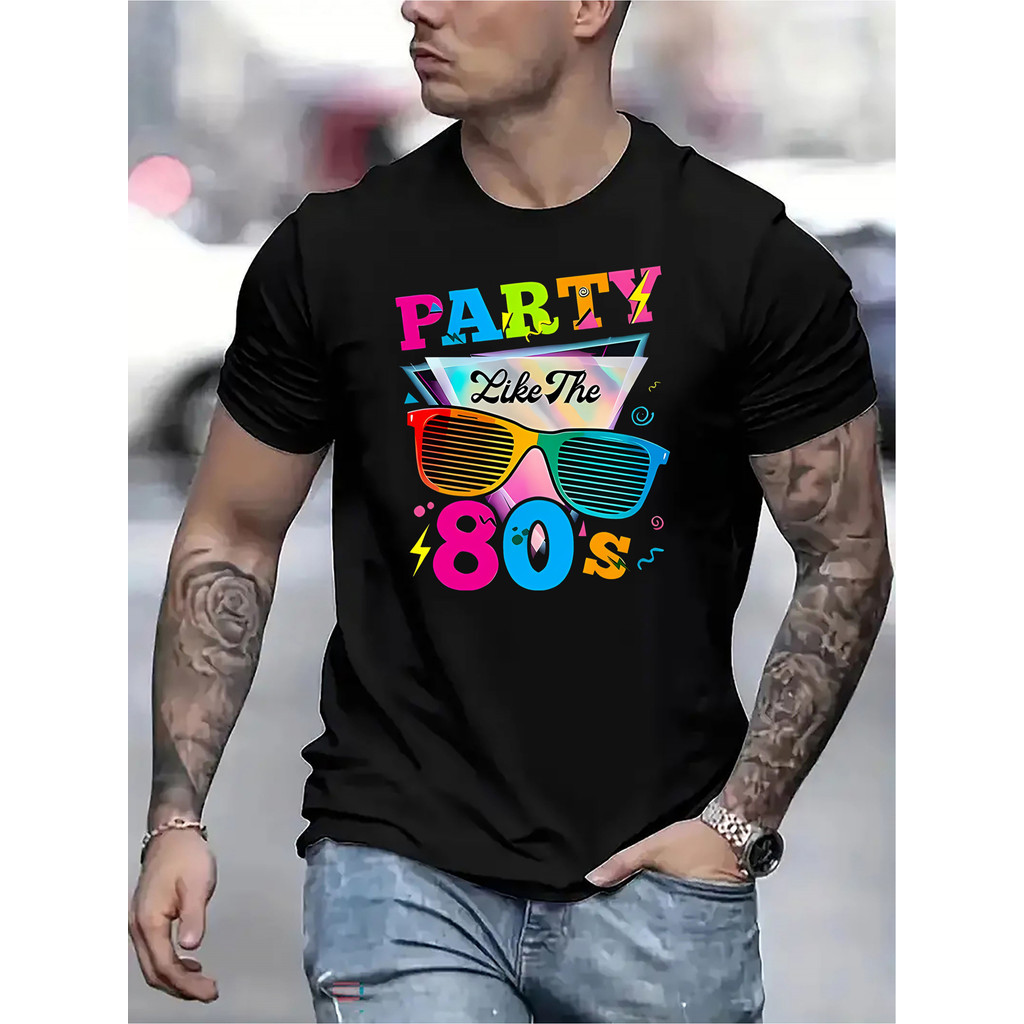 Mens 80s Retro Party T-Shirt with Neon 80s Print & 80s Music Icons (Cassette, Vinyl) Vintage 80s Slo