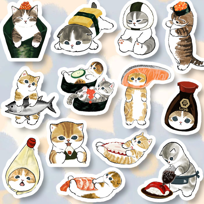 Mofusand Shark Cat Sushi Sticker Pack - สติ๊กเกอร์ไวนิลกันน้ําสําหรับแล็ปท็อป โทรศัพท์ และขวดน้ํา