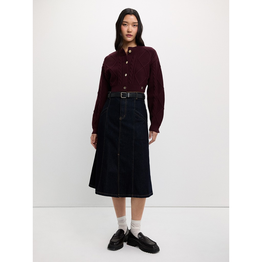 Pomelo Womens Buttoned Cable Knit Cardigan - Burgundy