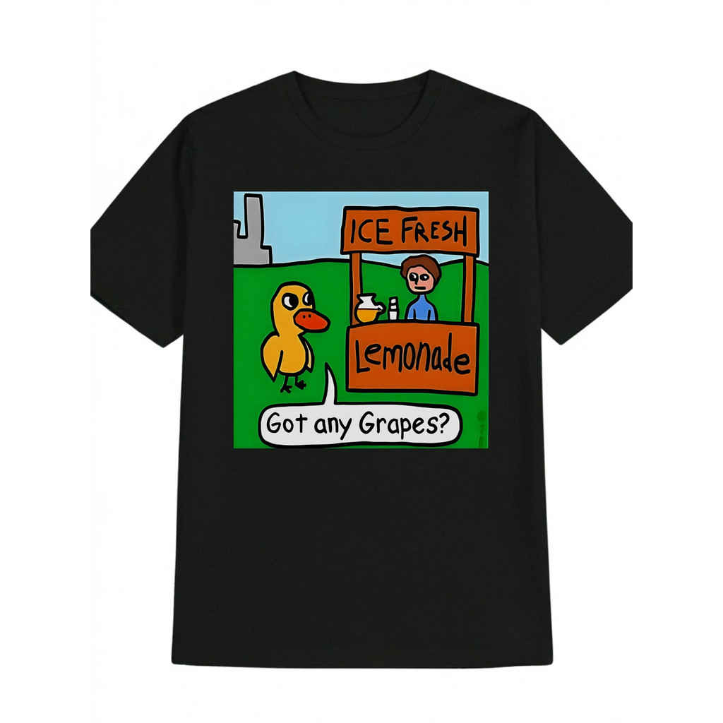 เสื้อยืดคอกลมลําลองผู้ชายพร้อม Duck Lemonade Stand Graphic - "ICE FRESH Lemonade" & "Got Grapes?" ออ