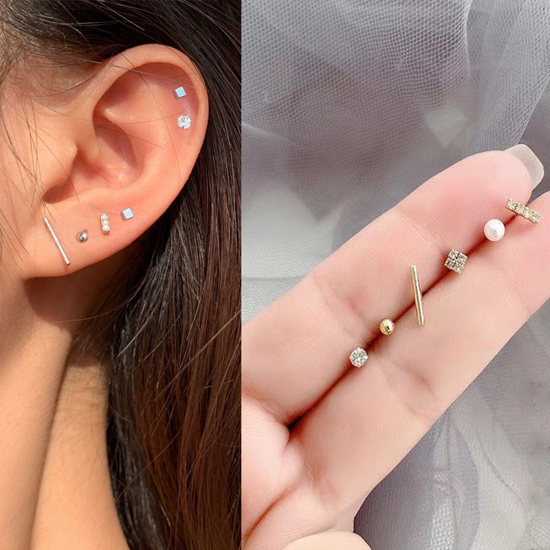 S925 เพิร์ลคริสตัลสตั๊ดขนาดเล็กเจาะต่างหูเงินชุดสําหรับผู้หญิงสาวแฟชั่นเครื่องประดับหู Jewely hikaw