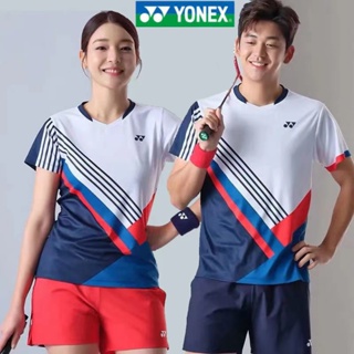 ใหม่ YONEX เสื้อแบดมินตัน ผู้ชายและผู้หญิง ลายทาง แห้งเร็ว กีฬา เสื้อเทนนิส แขนสั้น ซับเหงื่อ และระบายอากาศ