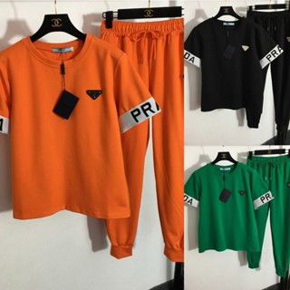 ใหม่ ชุดเสื้อท็อป กางเกงลําลอง สองชิ้น สีชมพู สีเขียว และสีดํา พลัสไซซ์