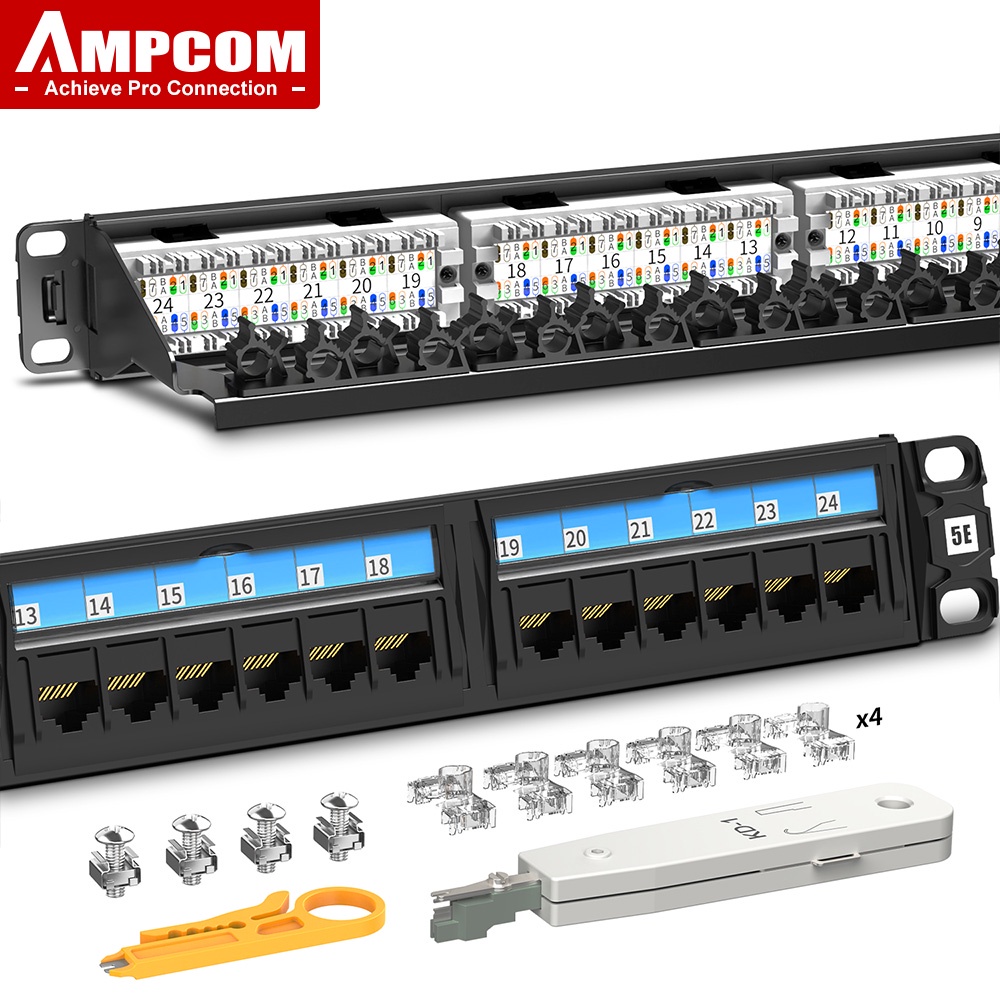AMPCOM แผงทางเสียง, CAT5E/CAT6 1U/2U 24-พอร์ต/48-พอร์ต ติดตั้งลงในตัวหรือติดตั้งผนัง แผงทางเสียง Pun