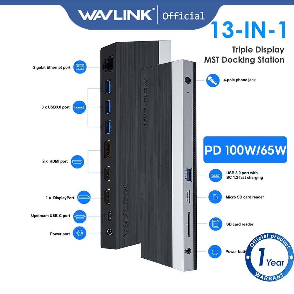 WAVLINK USB C สถานีเชื่อมต่อ 13-in-1,จอแสดงผลTriple,รองรับความละเอียด 4K สากล,พอร์ตเอาต์พุต HDMI พอร
