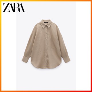 Zara เสื้อเชิ้ตแขนยาว ผ้าลินิน มีกระเป๋า 5 สี สําหรับผู้หญิง