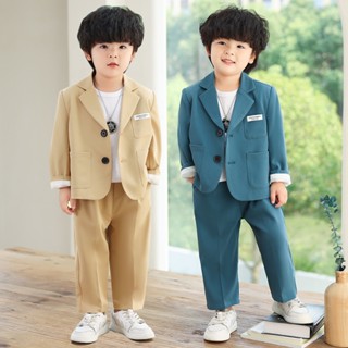 ชุดสูททางการ สีฟ้า สีเหลือง สีเทา สีเบจ แฟชั่นฤดูใบไม้ผลิ และฤดูใบไม้ร่วง สไตล์เกาหลี สําหรับเด็กผู้ชาย ใส่ไปงานปาร์ตี้ งานแต่งงาน