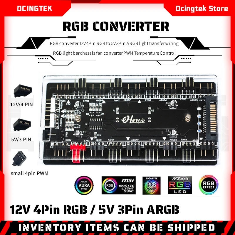 Ocng ตัวแปลงไฟ RGB 12V 4Pin RGB เป็น 5V 3Pin ARGB ควบคุมอุณหภูมิ