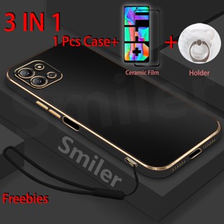 3 IN 1 Infinix Hot 11 2022 X675 เคสขอบตรง ชุบไฟฟ้า พร้อมกระจกนิรภัย เซรามิค ป้องกันหน้าจอ และที่วางโทรศัพท์ และสายคล้องซิลิโคน