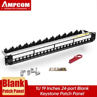 Ampcom แผงหินเปล่า 24 พอร์ต 1U STP UTP 19 นิ้ว พร้อมแผงจัดการสายเคเบิลด้านหลัง RJ45 Ethernet