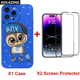กระจกกันรอยหน้าจอ 2 ชิ้น และเคสเลนส์ ขอบสี่เหลี่ยม ลายนกฮูกน่ารัก 1 ชิ้น สําหรับ Samsung Galaxy A33 A53 A73 5G A32 A52S A72 A31 A41 A71