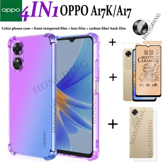 4-in-1 เคส สําหรับ OPPO A17K / OPPO A17 เซรามิค นิ่ม ด้าน กระจกนิรภัย เต็มรูปแบบ + สติกเกอร์ เลนส์กล้อง ด้านหลัง + ฟิล์มด้านหลัง คาร์บอนไฟเบอร์