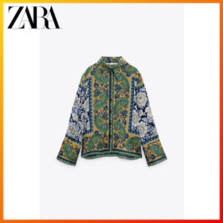 Zara เสื้อเชิ้ตแขนยาว ผ้าเดรป พิมพ์ลาย แฟชั่นฤดูใบไม้ผลิ สไตล์วินเทจ สําหรับผู้หญิง