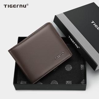 Tigernu ใหม่ กระเป๋าสตางค์ ใบสั้น หนัง PU พับได้ พร้อมกล่องของขวัญ สําหรับผู้ชาย 8008-1