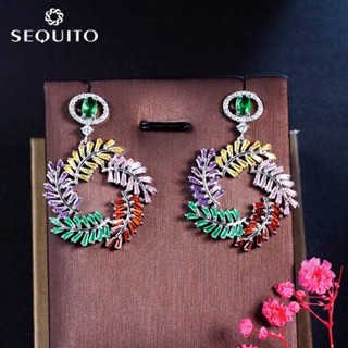 Sequito ต่างหูคริสตัล หินคริสตัล ทรงกลม สีม่วง สีเขียว สีแดง สไตล์ฝรั่งเศส เครื่องประดับแฟชั่น สําหรับผู้หญิง E738