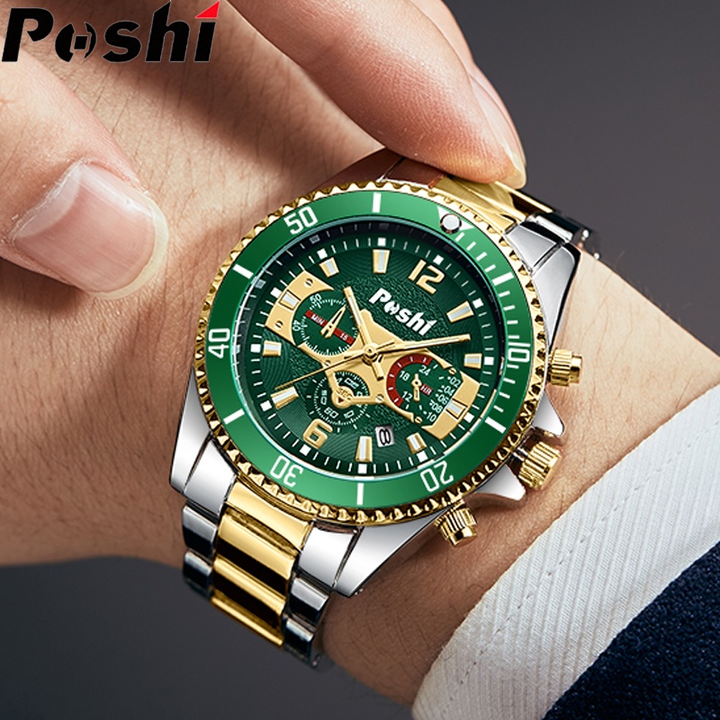POSHI นาฬิกาสําหรับชายน้ําดําน้ําเข็มขัดเหล็กนาฬิกาควอตซ์อัตโนมัติวันที่นาฬิกาข้อมือสําหรับชายพร้อมกล่อง