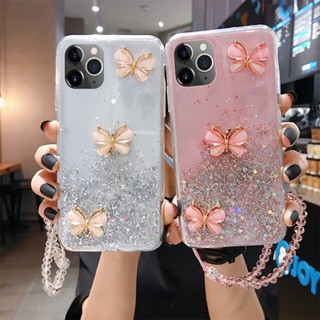 เคสโทรศัพท์มือถือ ซิลิโคน ลายผีเสื้อ 3D แต่งกลิตเตอร์ ระยิบระยับ พร้อมสายคล้อง สําหรับ HuaWei Y7A Y7 2019 Y5 Y6 Y9 Y7 2018 Y5 Y7 Y9 Y6 2019 P Smart 2021