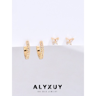 Xuyu ต่างหูห่วง ทรงกลม ประดับเพทาย ลายผีเสื้อ สีทอง 14K ไม่ซีดจาง สําหรับผู้หญิง 2 คู่