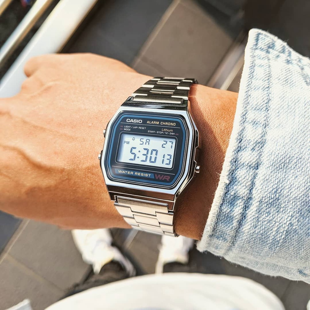 （สิงค้าขายดี) นาฬิกาข้อมือผู้ชายคาสิโอ ดิจิตอล Casio Digital สายสแตนเลส รุ่น A158WA-1DF - สีเงิน, A-158WA, A158WA, A158