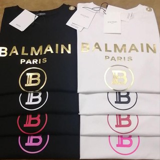 Balmain 2023 ใหม่ เสื้อยืดคอกลม แขนสั้น พิมพ์ลายตัวอักษร สีบรอนซ์ แฟชั่นฤดูใบไม้ผลิ สําหรับผู้หญิง