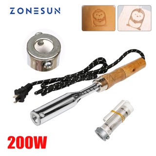 Zonesun เครื่องปั๊มร้อนมือถือ 150W 200W พร้อมด้ามจับไม้ ลายโลโก้ แบบพกพา สําหรับทําขนม คุ้กกี้ เนื้อสัตว์ เค้ก ใบไม้