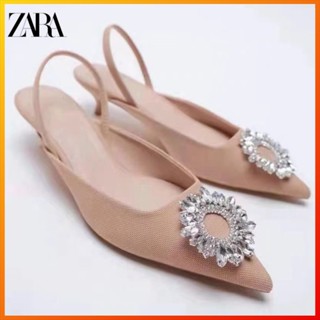 Zara รองเท้าทํางาน ปากตื้น หัวแหลม ประดับพลอยเทียม หัวเข็มขัดกลม สําหรับผู้หญิง